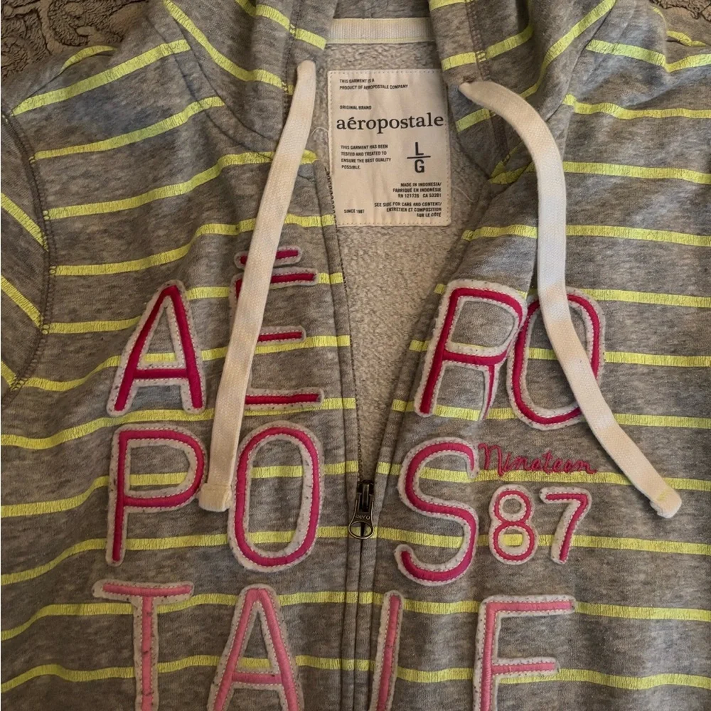 Aeropostale grey & lime green striped zip up jacket with pink accents Size L - Picture 3 of 4